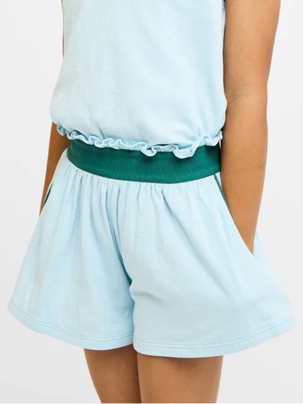 Oso & Me Bea Light Blue Mist Ruffled Waist Shorts Green Trim Pockets 24M